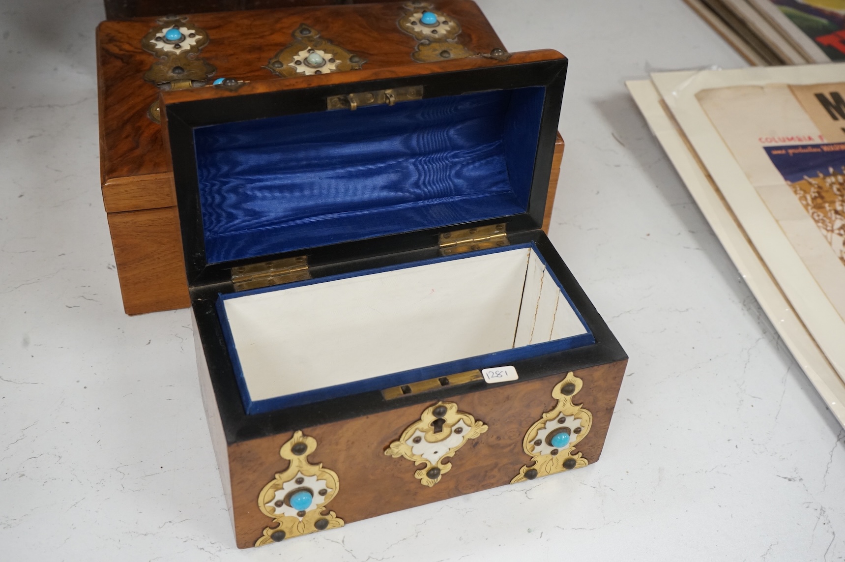 Two 19th century ivory and turquoise glass overlaid burr walnut boxes and an Indo colonial wrought iron mounted miniature chest, 28cm wide CITES Submission reference, T14WQFY5
